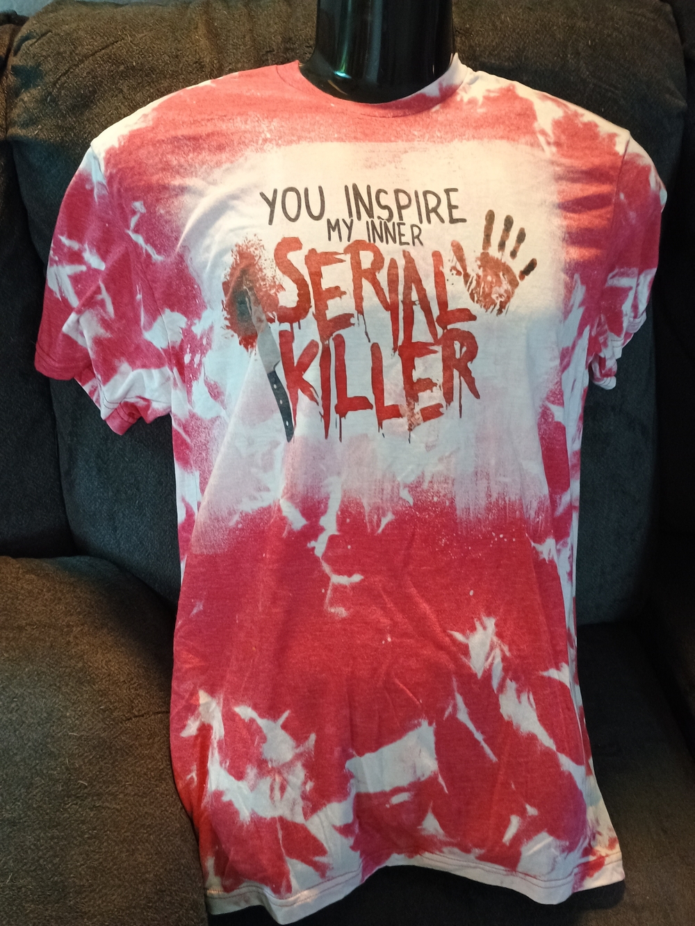 Serial Killer T-Shirt Large Handmade Hand Bleached Red Horror Halloween Tee